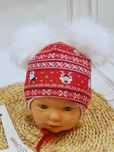 Prążkowana czapka ocieplana z dwoma pomponami Reniferki