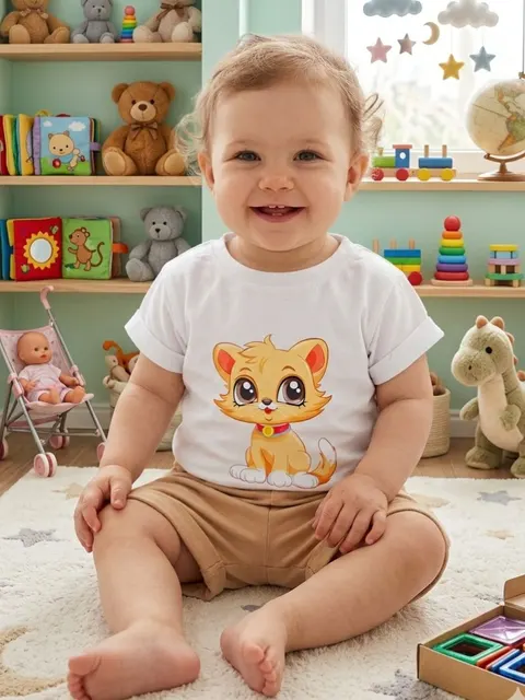 Komplet dziewczęcy beżowe spodenki i biały T-shirt Kotek