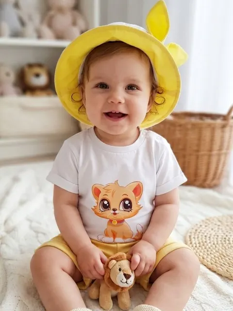 Komplet dziewczęcy żółte spodenki i biały T-shirt Kotek