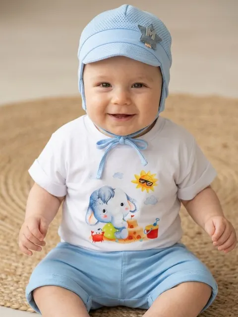 Komplet dziecięcy niebieskie spodenki i biały T-shirt Słonik