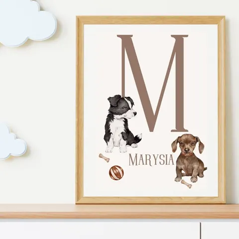 Plakat z literką z imienia dziecka pieski
