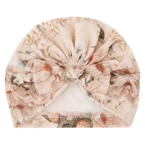 Bambusowy turban z kokardką 0-4 miesiące peonie krem