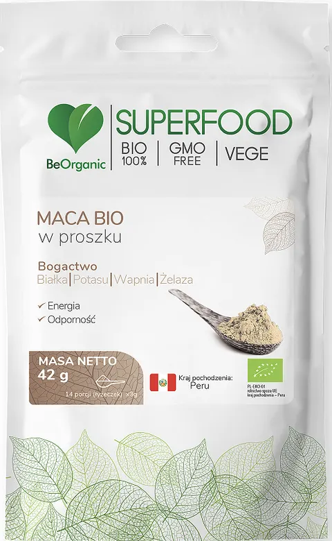 BeOrganic Maca BIO - Wytrzymałość Witalność i Energia - Proszek 42 g
