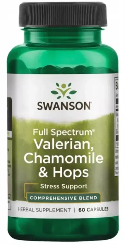 Full Spectrum Valerian, Chamomile & Hops - Waleriana + Rumianek + Chmiel 60 kaps. Swanson