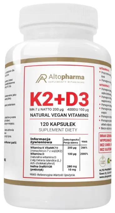 WITAMINA K2 VitaMK7 200µg + D3 100µg 4000IU PRODUKT WEGE - Altopharma - 120 kapsułek