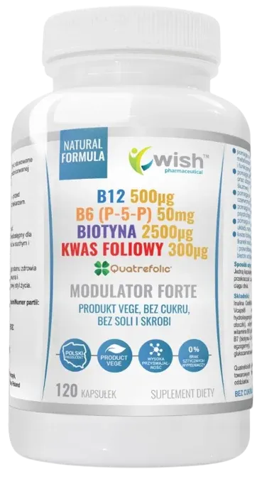 WISH Pharmaceutical Modulator Homocysteiny Forte B12 + B6 (P-5-P) + Biotyna + Kwas Foliowy suplement diety 120 kapsułek Wegan