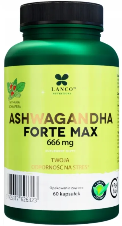 Lanco Nutritions ASHWAGANDHA FORTE MAX 666mg 60 kapsułek - Stres Niepokój