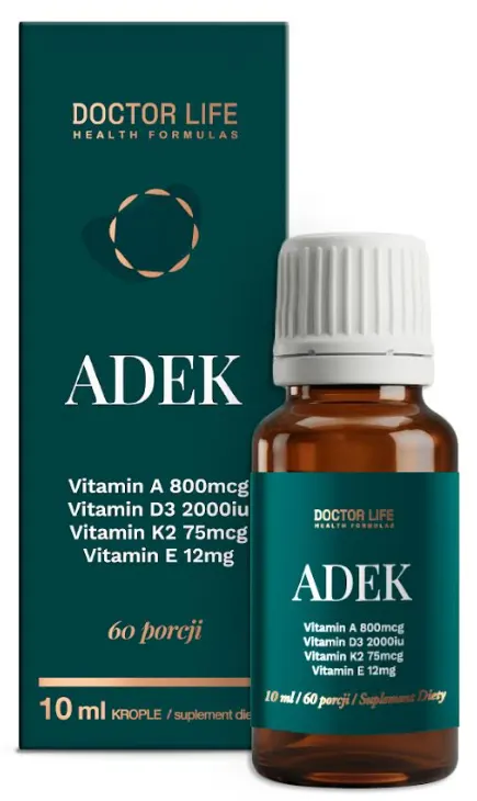 Doctor Life ADEK krople 10 ml A D3 E K2 D3 2000 IU K2 MK-7 ADEK Witaminy w kroplach Olej MCT