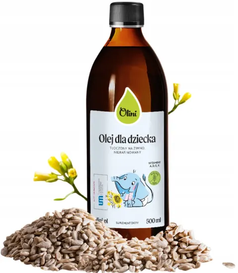 Olini Olej dla dziecka 500 ml Witaminy A D E K Źródło NNKT Tłoczony na Zimno