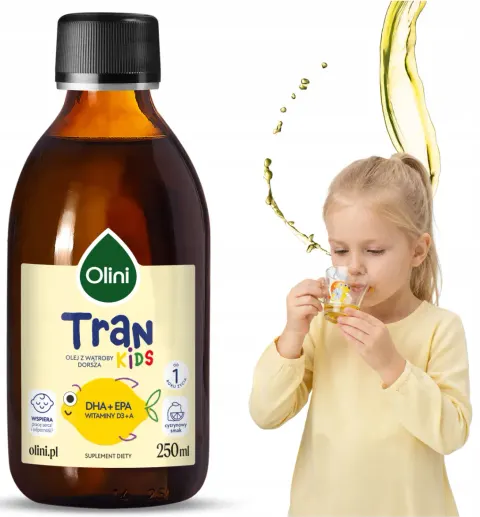 Olini Tran Kids Cytrynowy 250 ml Mózg Wzrok Serce Kwasy Omega Witaminy A+D