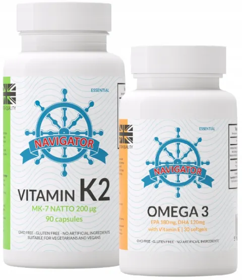 Zestaw Navigator Witamina K2 MK7 NATTO 200mcg 90 kapsułek + OMEGA 3 30 kapsułek GRATIS - Serce Krążenie Wzrok