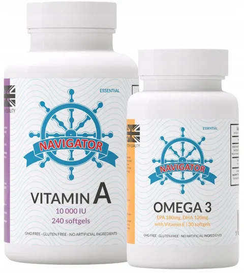 Zestaw - Witamina A 10000 IU 240 kapsułek, Navigator + OMEGA 3 30KAPS. GRATIS