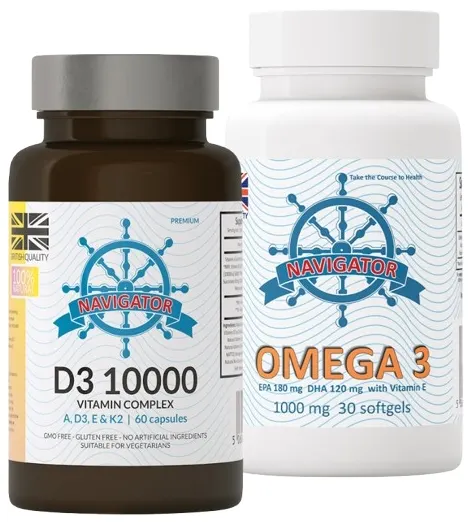Zestaw - Cztery Pory Roku. Witamina D3 10000 Complex, 60 kapsułek, Navigator + OMEGA 3 GRATIS