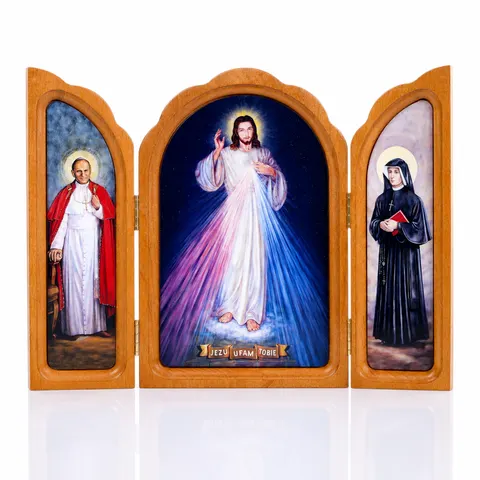 Tryptyk drewniany: Jezus Miłosierny, Św. Jana Pawła II, Św. Siostra Faustyna