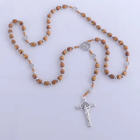 RÓŻANIEC SZNUREK ŁEZKA DREWNO OLIWNE + SREBRNE KULKI KRZYŻ ŚW. BENEDYKT