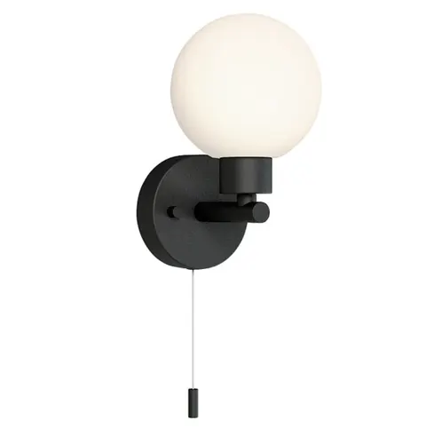 Czarna lampa ścienna kinkiet łazienkowy z szklanym kloszem kulą i włącznikiem sznurkowym Nowodvorski 8052 Simi G9 IP44