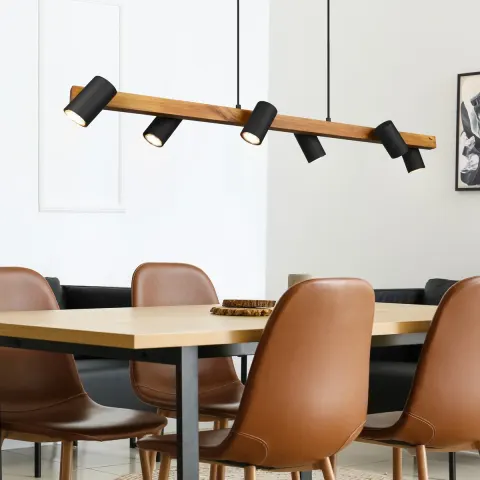 Lampa wisząca TRIO MARLEY na listwie drewno 6xGU10 czarne reflektorki