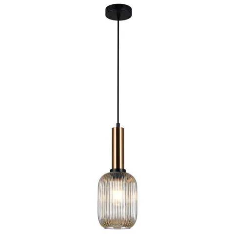 Lampa wisząca szklany klosz podłużny ryflowany na przewodzie złoty trzon Italux PND-5588-1M-BRO+AMB Antiola 1xE27
