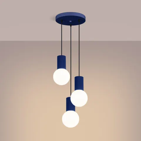 Potrójna lampa wisząca białe kule na karbowanej tulejce w kolorze ultramaryna Sollux Lighting SL.1740 Halo 3xG9