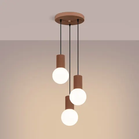 Potrójna lampa wisząca białe kule na karbowanej tulejce w kolorze mocca Sollux Lighting SL.1735 Halo 3xG9