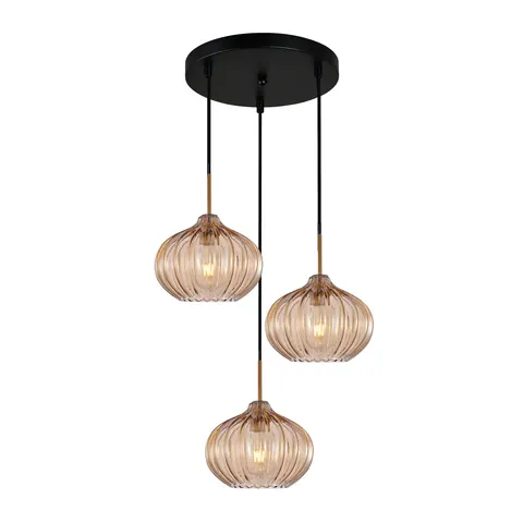 Lampa sufitowa PANSOL 3xE27 czarna bursztynowe klosze Italux PND-2940-3AS-BRO-AMB