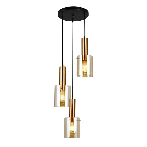 Lampa sufitowa SARDO 3xE27 mosiądz potrójna klosze bursztynowe Italux PND-5581-3A-BRO+AMB