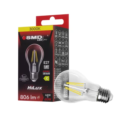 ŻARÓWKA E27 4,8W 3000K 806lm LED FILAME CLEAR HiLux
