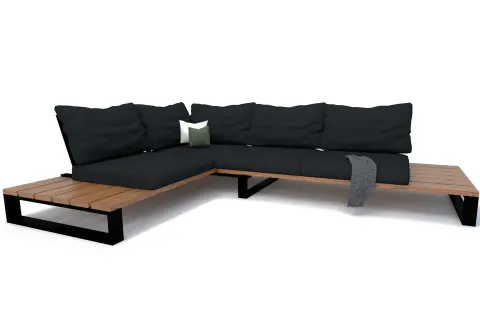 ZESTAW MEBLI OGRODOWYCH PREMIUM DREWNO TERMO + PODUSZKI / SOFA NA TARAS / METALOWE NOGI CZARNE