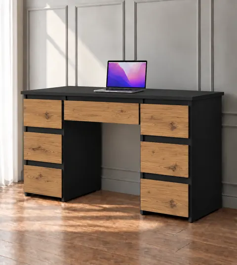 BIURKO Z SZUFLADAMI KOMPUTEROWE BETI 7 130cm Czarny Fronty Artisan Dąb