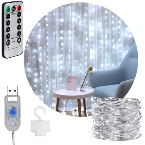 Lampki KURTYNA ŚWIETLNA 300 LED 3x3M Biały Zimny