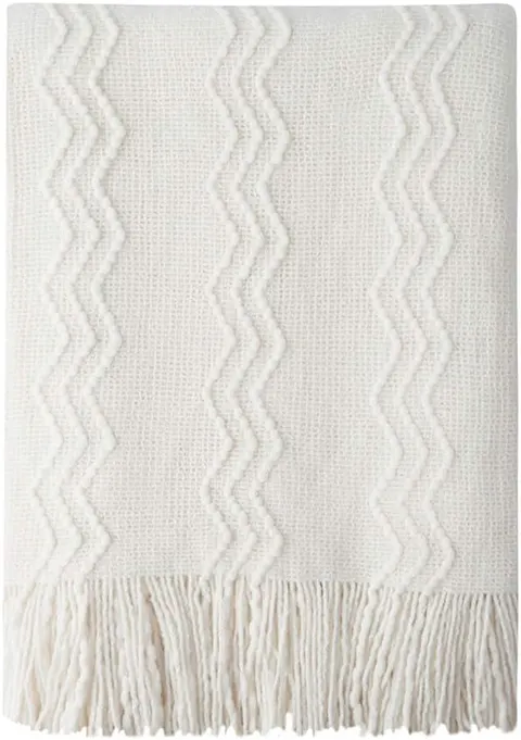 Koc Akrylowy LYON knitted frędzle 130x170 Ecru