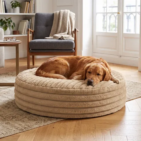 Legowisko puf NUBO LUX śr.80 Rabbit fur pasy Beż