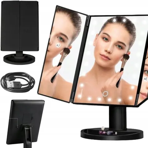 LUSTERKO KOSMETYCZNE PODŚWIETLANE ROZKŁADANE LED USB REGULOWANE zoom 2X 3X
