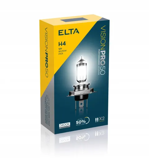 2X ŻARÓWKI ELTA VISION PRO H4 12V 60/55W +50% ZESTAW 2 SZTUK