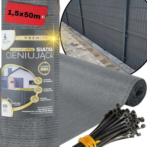 Szara siatka cieniująca, 1,5x50m, 90% osłona na płot, ochrona UV, + 400 opasek