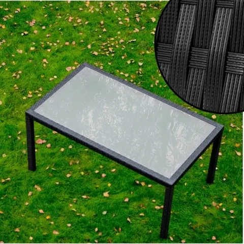 Czarny stół ogrodowy 150x90x74cm z technorattanu, ze szklanym blatem