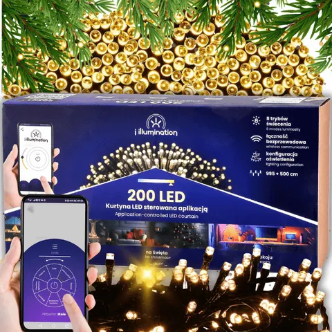 Białe ciepłe lampki choinkowe 200LED światła wewnętrzne sterowane telefonem