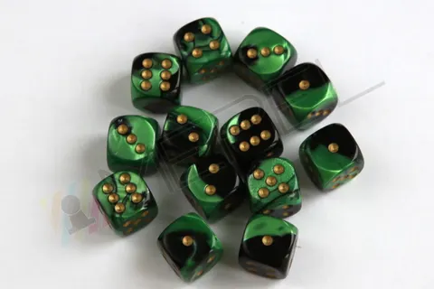 Kości Chessex - kostka k6 12mm Gemini Black-Green/gold