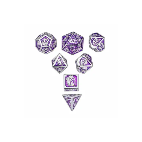 Zestaw kości: Solid Metal Dragon Polyhedral - Silver w/Purple