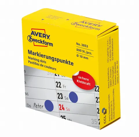 Kółka do zaznaczania w dyspenserze Avery 3853 - Ø 10 mm, 800 szt. / 1 rolka - niebieski