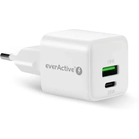 everActive Ładowarka sieciowa GaN 1X USB, 1X USB-C 20W QC3.0 Biała
