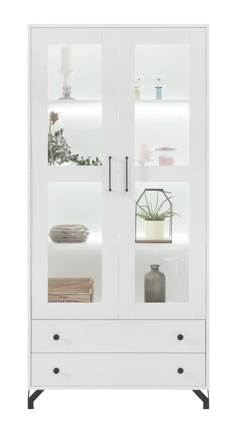 Witryna BERGEN 2 Dwudrzwiowa Szerokość 90 cm Biała LED Szuflady