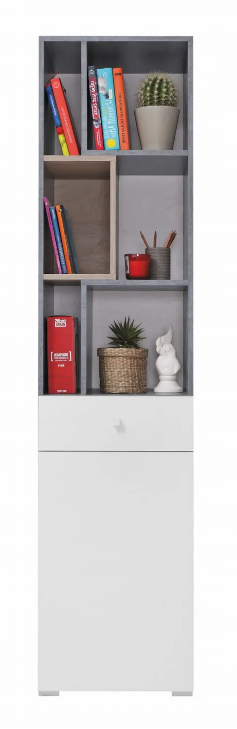 Regał SIGMA SI 08 Słupek Szafka Szuflada 45 Półka Beton Biały Lux Dąb