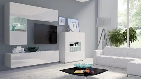 Meblościanka PRESTIŻ 3 Biała Szafka RTV 150 cm Połysk Witryna LED Do Salonu