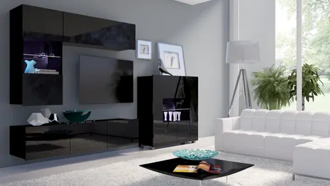 Meblościanka PRESTIŻ 3 RTV 150 cm Czarna Szafki Połysk Witryna LED