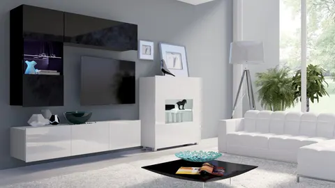 Meblościanka PRESTIŻ 3 RTV 150 cm Czarna Biała Szafki Połysk Witryna LED