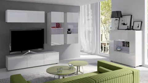 Meblościanka PRESTIŻ 6 Biała Szafka RTV 150 cm Połysk Witryna LED Do Salonu