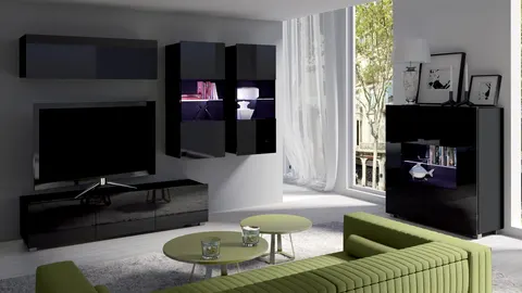 Meblościanka PRESTIŻ 6 RTV 150 cm Czarna Szafki Połysk Witryna LED