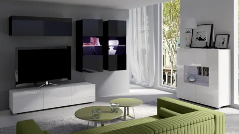 Meblościanka PRESTIŻ 6 RTV 150 cm Czarna Biała Szafki Połysk Witryna LED