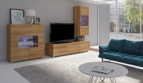 Meblościanka PRESTIŻ 7 RTV 150 cm Dąb Złoty Szafki Witryna LED